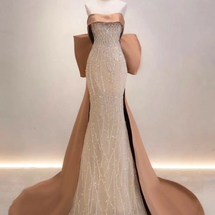 Pretty Mermaid Strapless Satin Long Evening Dress Sequin Prom Dresses With Bow - FashionDia