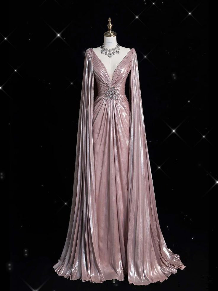 Pretty A Line V Neckline Sequin Long Sleeves Pink Evening Dress Prom Dresses