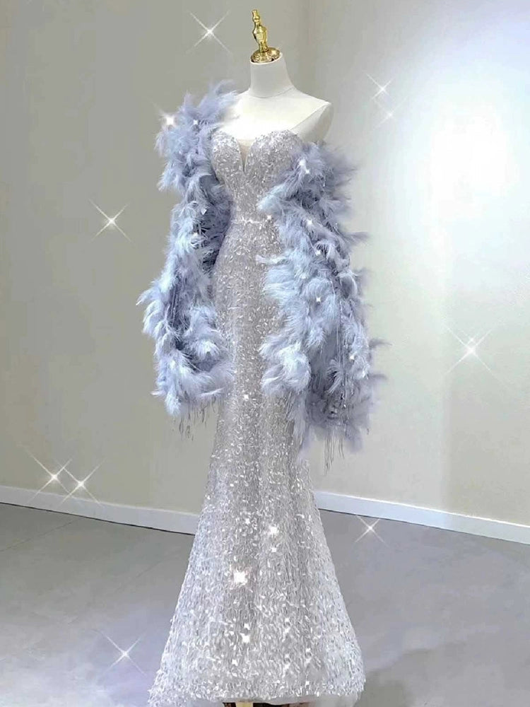 Elegant Mermaid Sweetheart Neckline Silver Sequin Evening Dress Long Prom Dresses
