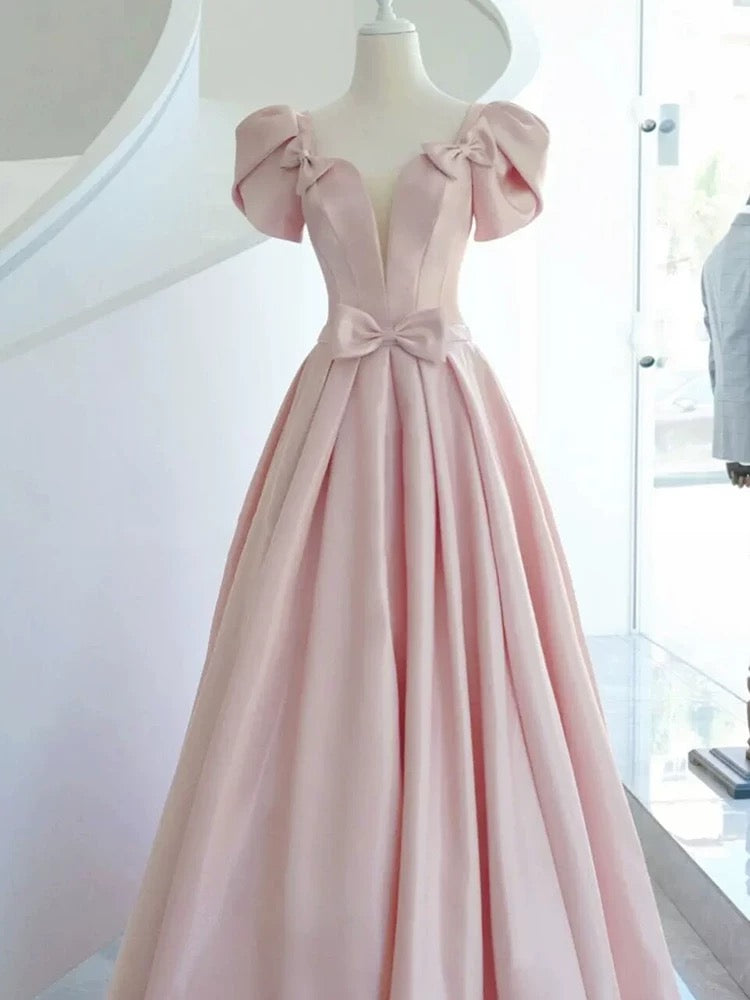 Elegant A-Line Square Neckline Satin Short Sleeves Pink Evening Dress Long Prom Dresses - FashionDia