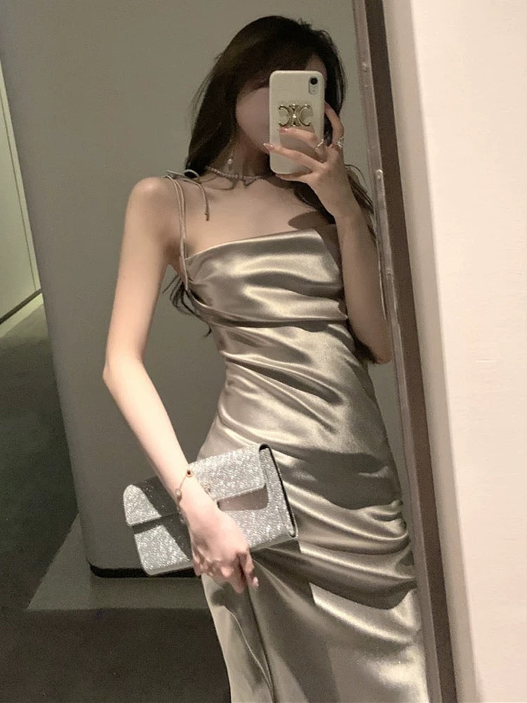 Pretty Sheath Spaghetti Straps Satin Evening & Prom Dress With Ruffles - FashionDia