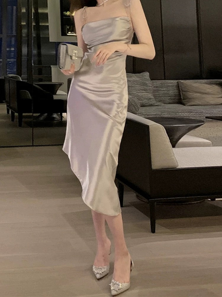 Pretty Sheath Spaghetti Straps Satin Evening & Prom Dress With Ruffles - View 3 | FashionDia