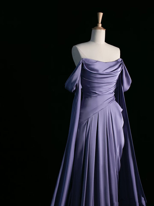 Vintage A Line Off The Shoulder Light Grape Satin Prom Dresses Long Evening Gown Formal Party Dress