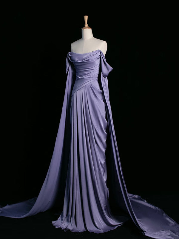 Vintage A Line Off The Shoulder Light Grape Satin Prom Dresses Long Evening Gown Formal Party Dress