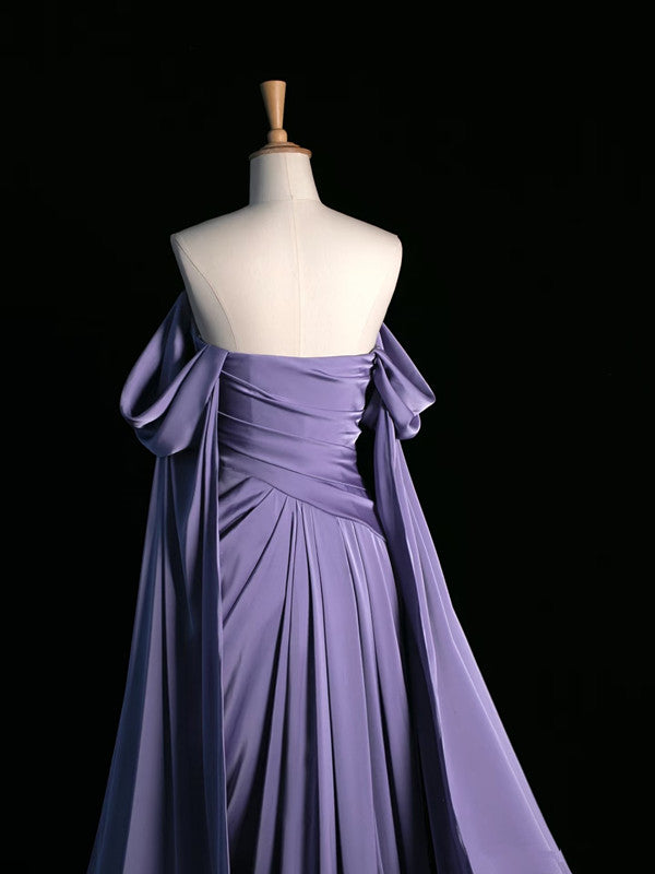 Vintage A Line Off The Shoulder Light Grape Satin Prom Dresses Long Evening Gown Formal Party Dress