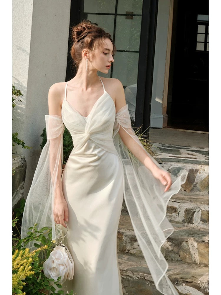Pretty Mermaid Spaghetti Straps White Long Prom Dresses Party Evening Dress