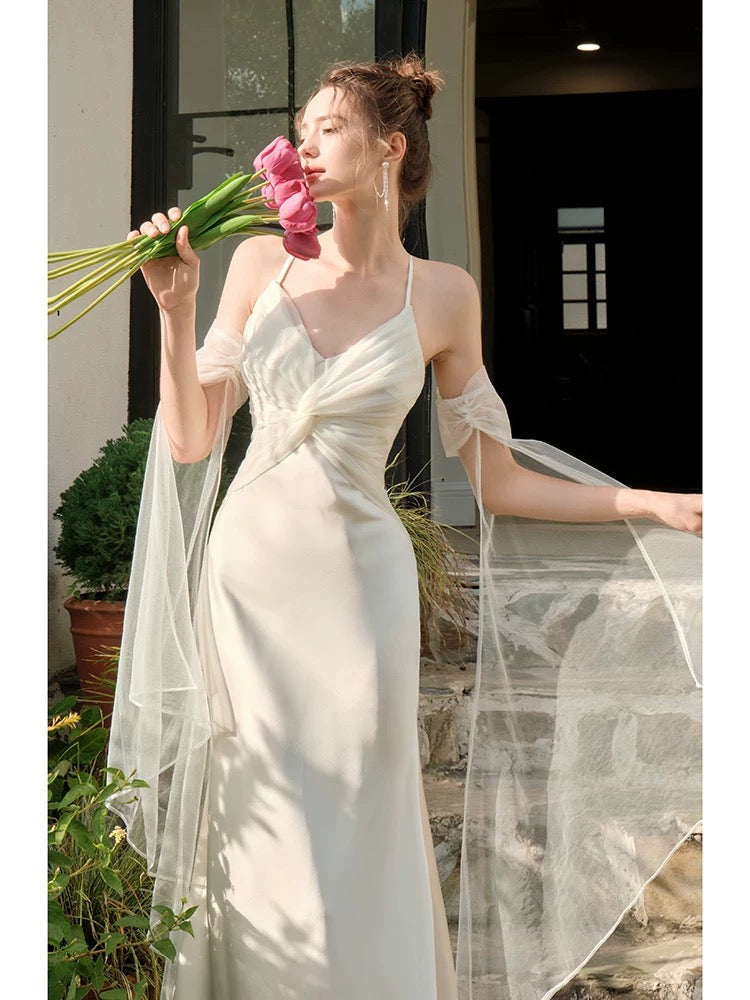 Pretty Mermaid Spaghetti Straps White Long Prom Dresses Party Evening Dress