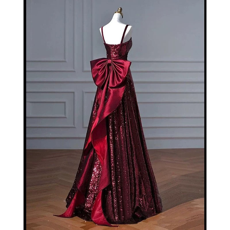 Pretty A line Spaghetti Straps Burgundy Sequin Long Prom Dresses Party Evening Dress