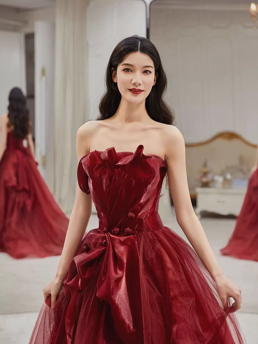 Pretty A line Strapless Burgundy Tulle Long Prom Dresses Party Evening Dress