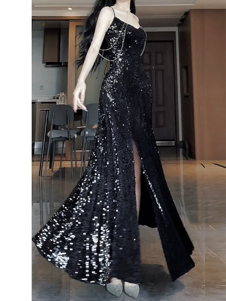 Pretty Sheath Spaghetti Straps Sequin Black Slit Long Prom Dresses Party Evening Dress
