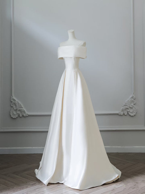 Aesthetic Ball Gown Strapless Ivory Satin Long Wedding Dresses Brides Dress - View 3 | FashionDia