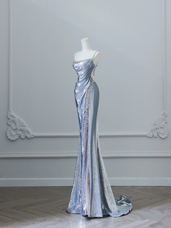 Pretty Mermaid Spaghetti Straps Sequin Blue Long Prom Dresses Party Evening Dress
