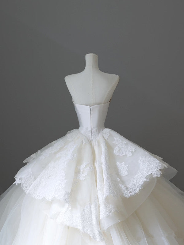 Unique Ball Gown Strapless White Lace Satin Long Wedding Dresses Brides Dress