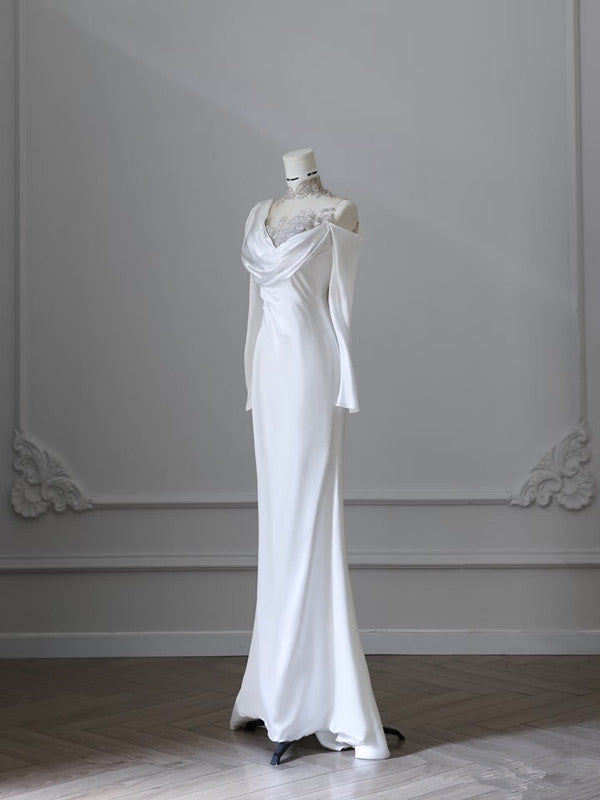 Vintage Mermaid High Neckline White Satin Sequin Appliques Wedding Dresses