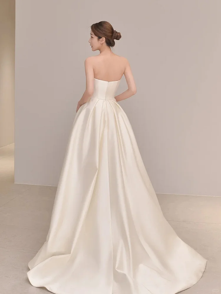 Summer Simple A Line Strapless Ivory Satin Slit Long Wedding Dresses