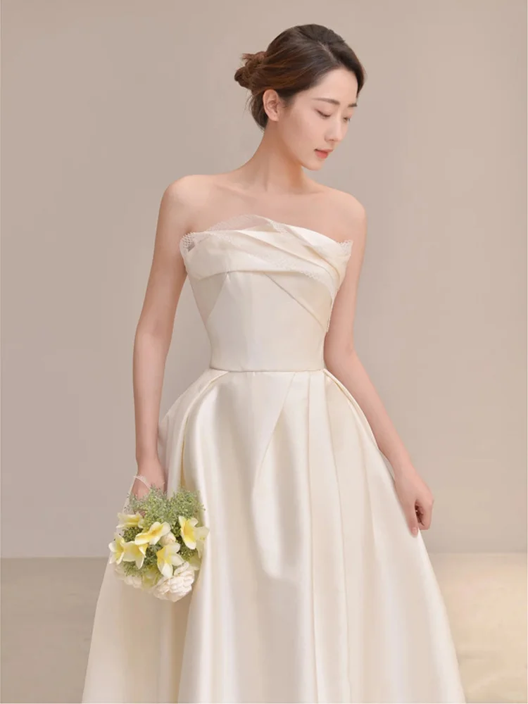 Summer Simple A Line Strapless Ivory Satin Slit Long Wedding Dresses
