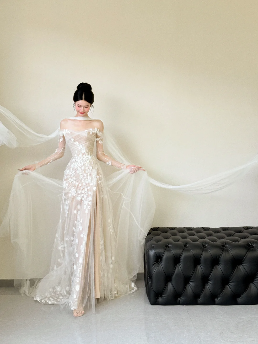 Unique A Line Off The Shoulder Tulle Applique Slit Long Sleeves Long Wedding Dresses