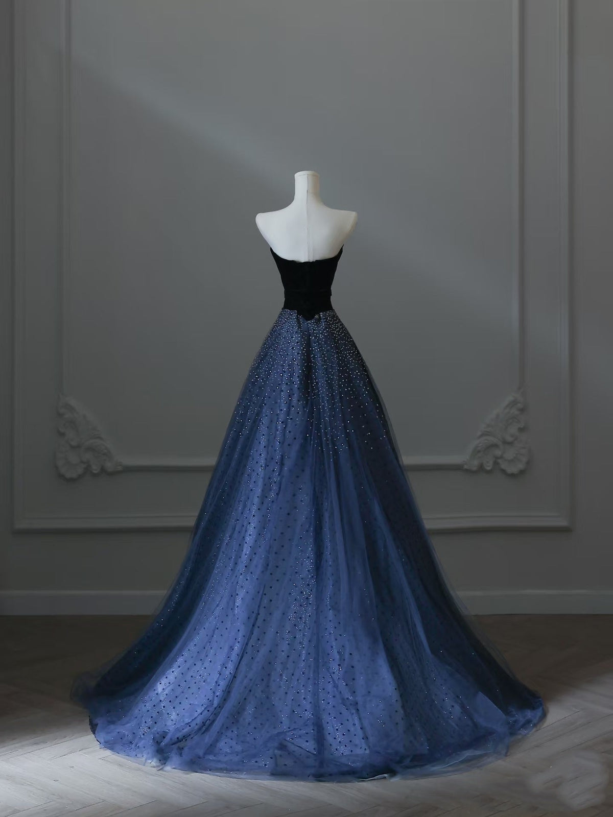 Sexy A-Line Strapless Navy Blue Tulle Long Prom Dresses Evening Gowns - View 6 | FashionDia