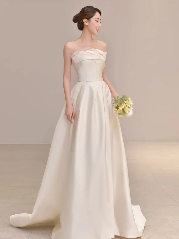 Elegant A Line Strapless Satin Slit Long Bridesmaid Dress