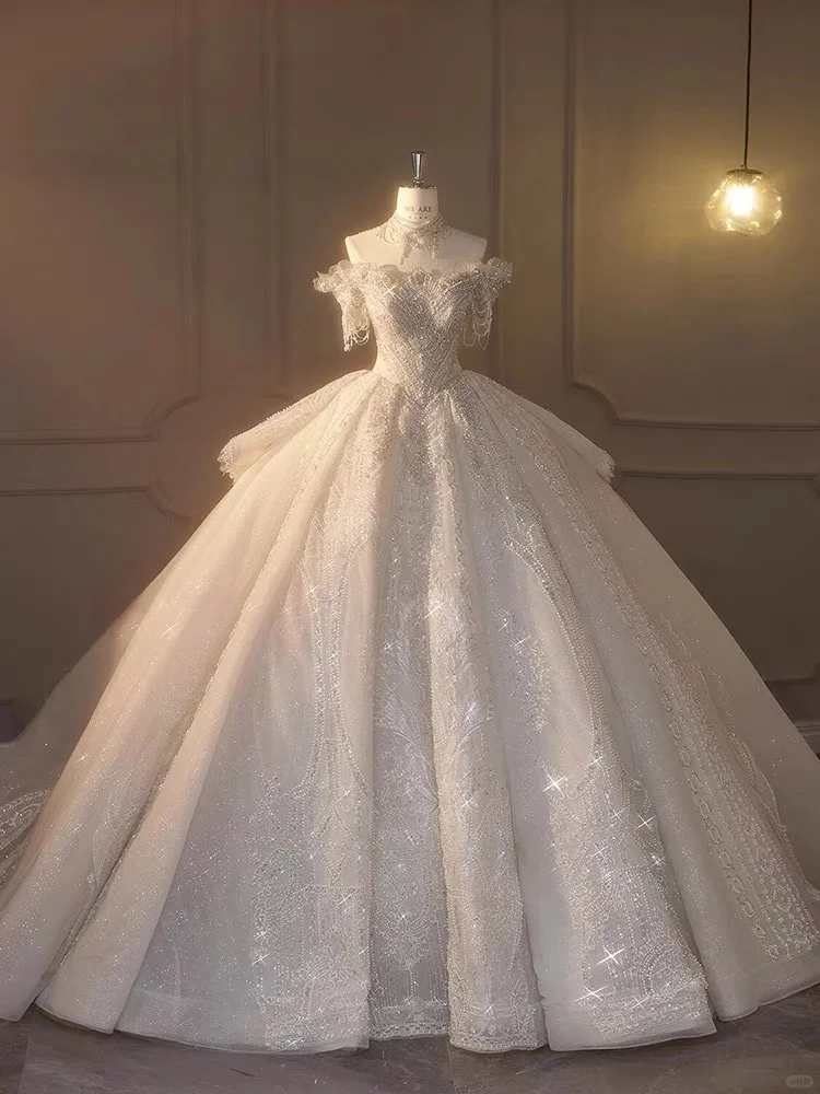 Timeless Ball Gown Off The Shoulder Tulle Sequin Beaded Long Wedding Dresses