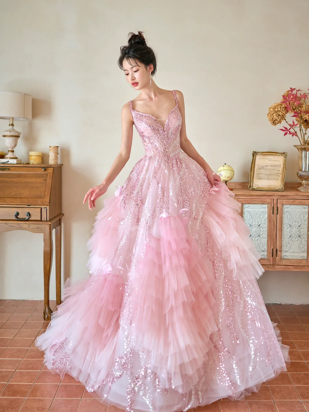 Pretty Summer Ball Gown Spaghetti Straps Pink Tulle Sequin Long Prom Dresses - FashionDia