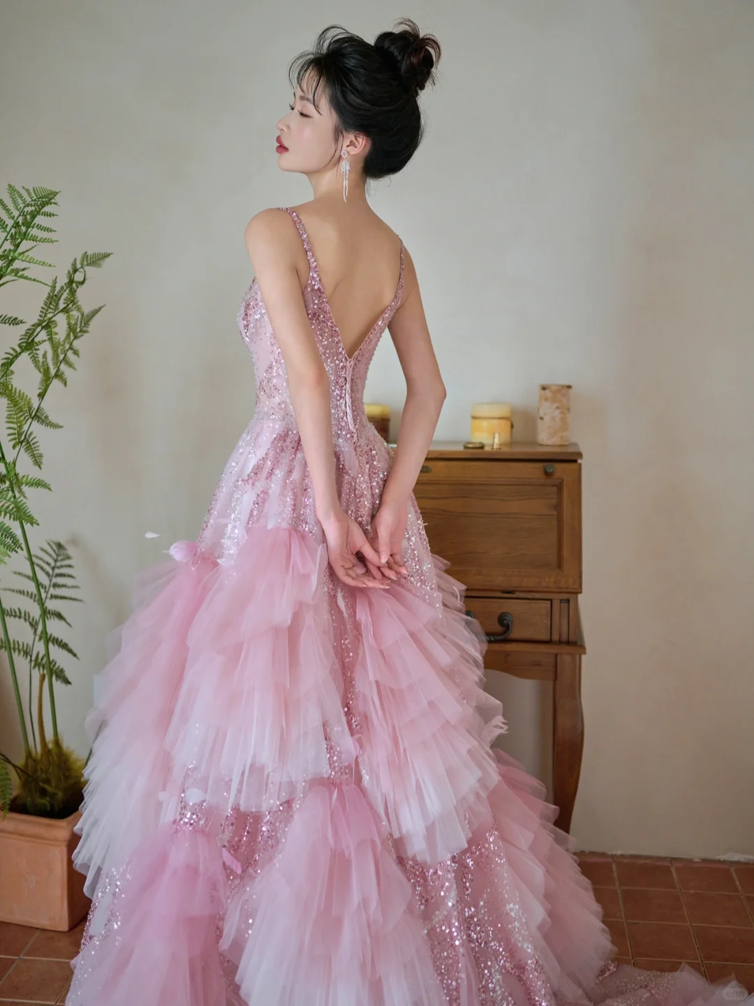 Pretty Summer Ball Gown Spaghetti Straps Pink Tulle Sequin Long Prom Dresses - View 2 | FashionDia
