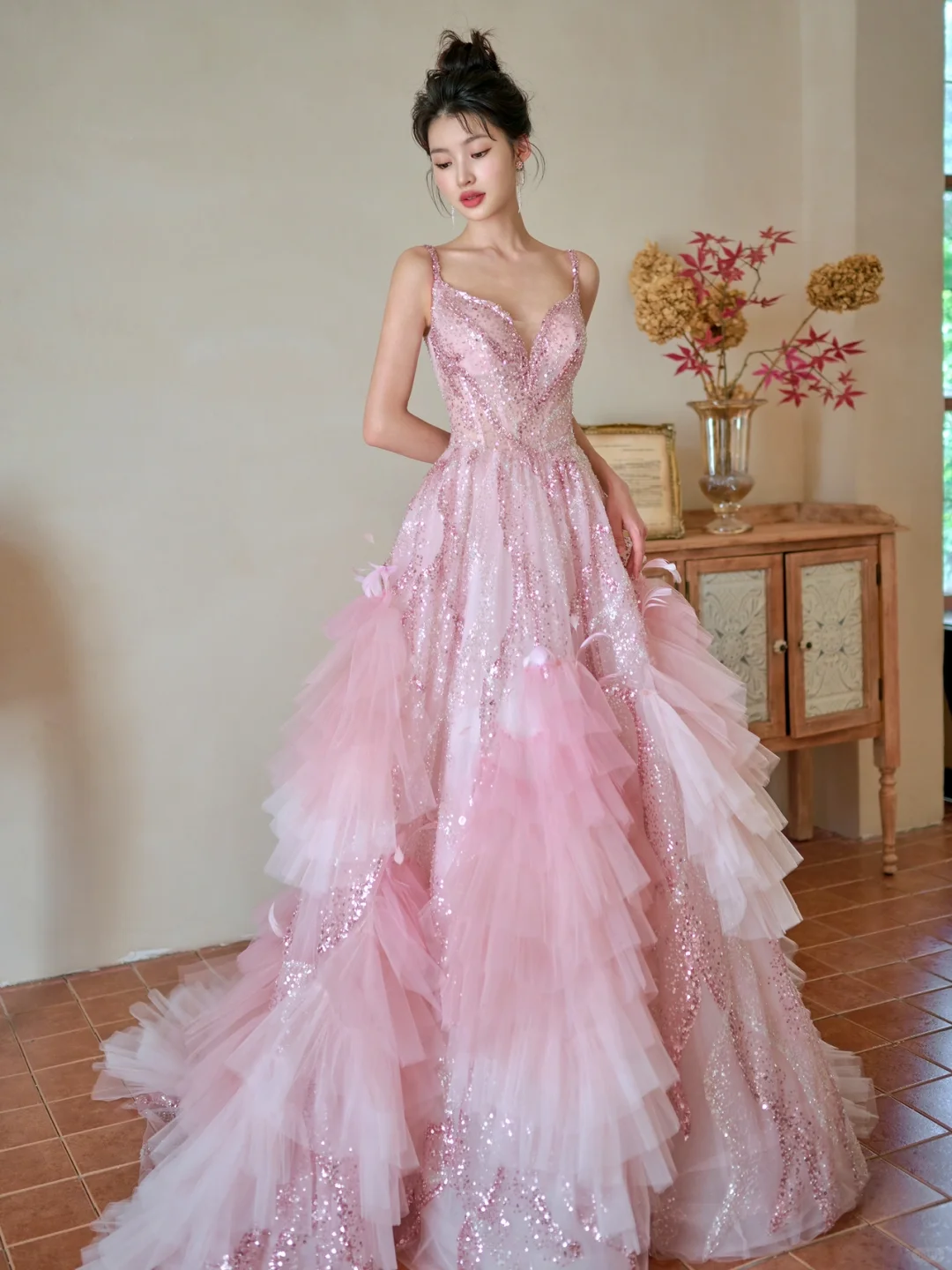 Pretty Summer Ball Gown Spaghetti Straps Pink Tulle Sequin Long Prom Dresses - View 3 | FashionDia