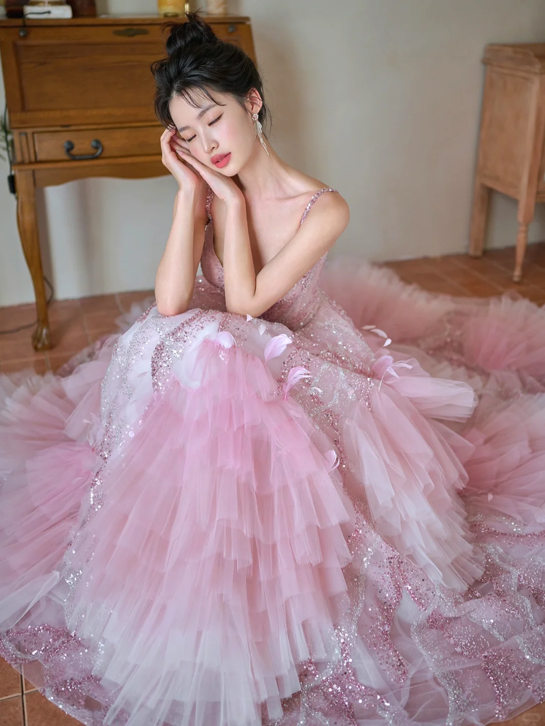 Pretty Summer Ball Gown Spaghetti Straps Pink Tulle Sequin Long Prom Dresses - View 7 | FashionDia