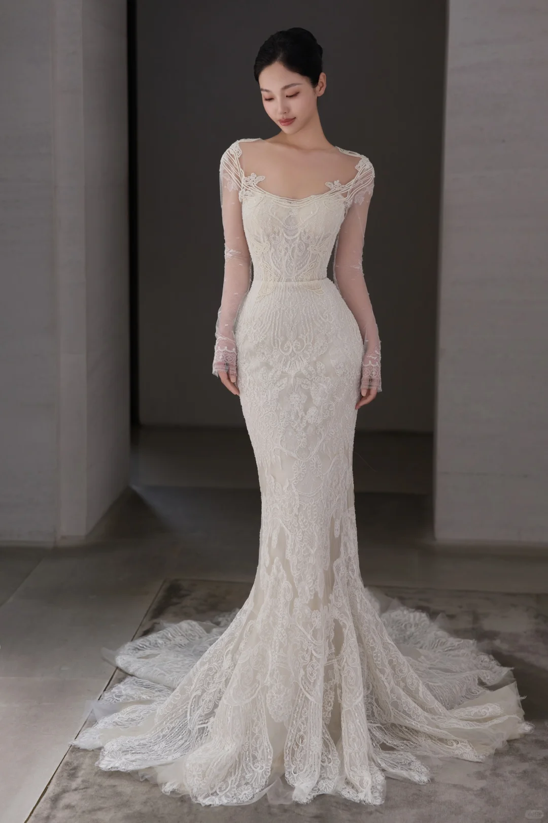 Dreamy Mermaid Low Collar Tulle Lace Long Sleeves Long Wedding Dresses