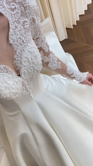 Elegant Ball Gown V-Neck Satin Lace Long Sleeves With Veil Long Wedding Dresses - View 2 | FashionDia