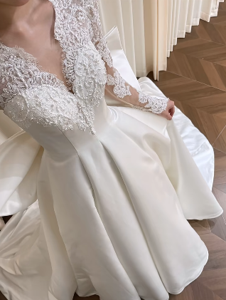 Elegant Ball Gown V-Neck Satin Lace Long Sleeves With Veil Long Wedding Dresses - View 5 | FashionDia