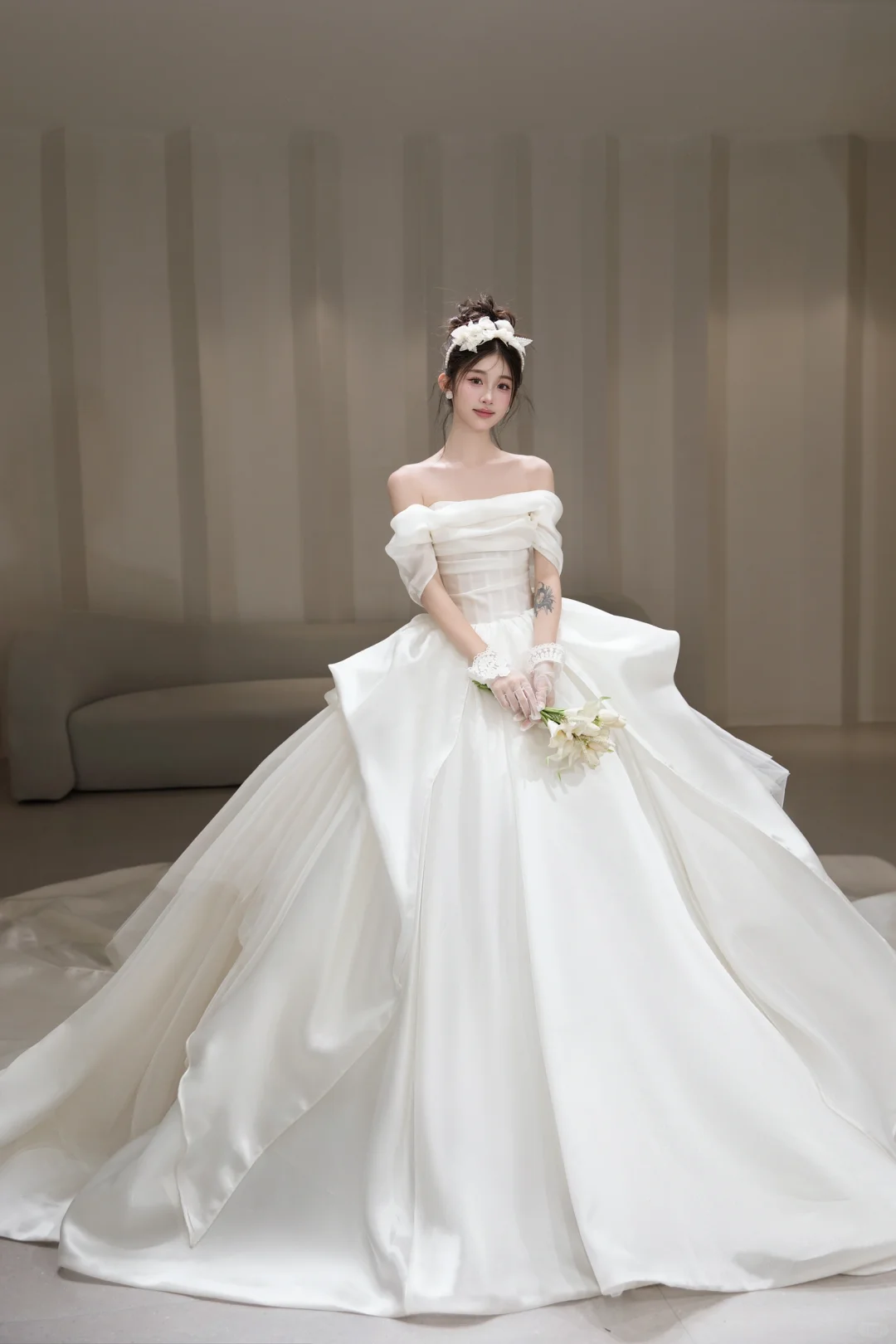 Pretty Ball Gown Off The Shoulder Satin Long Wedding Dresses