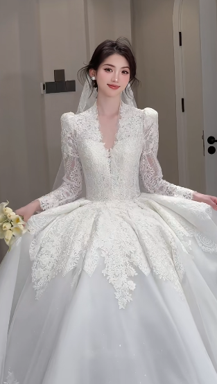 Timeless Ball Gown V-Neck Tulle Lace Long Sleeves With Train Long Wedding Dresses - View 4 | FashionDia