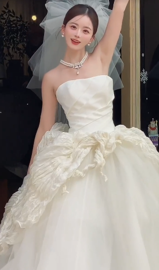 Pretty Ball Gown Strapless Satin Tulle With Veil Long Wedding Dresses - View 2 | FashionDia