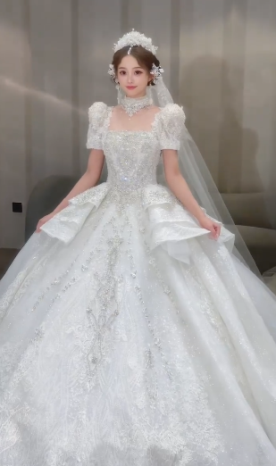 Timeles Ball Gown Square Tulle Sequin Short Sleeves Long Wedding Dresses