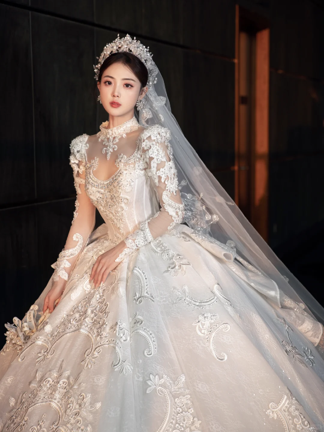 Dreamy Ball Gown Tulle Lace Applique Long Sleeves With Veil Long Wedding Dresses - View 2 | FashionDia