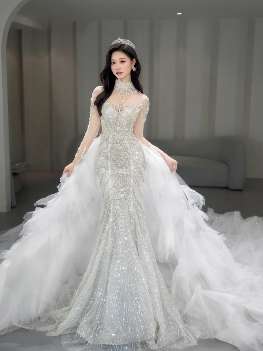 Timeless Mermaid Tulle Sequin Beaded Long Sleeves Long Wedding Dresses