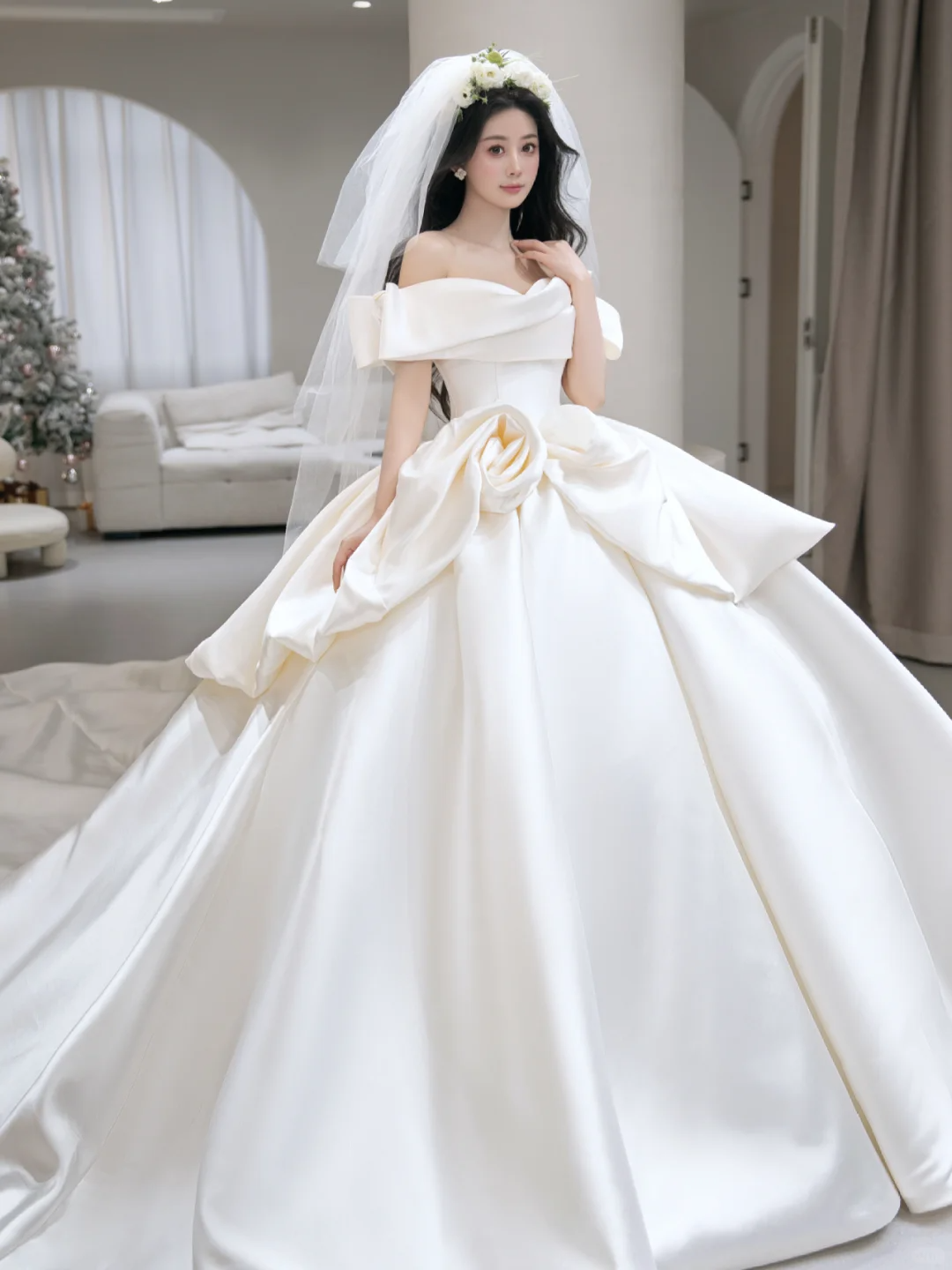 Elegant Ball Gown Off The Shoulder Satin With Veil Long Wedding Dresses