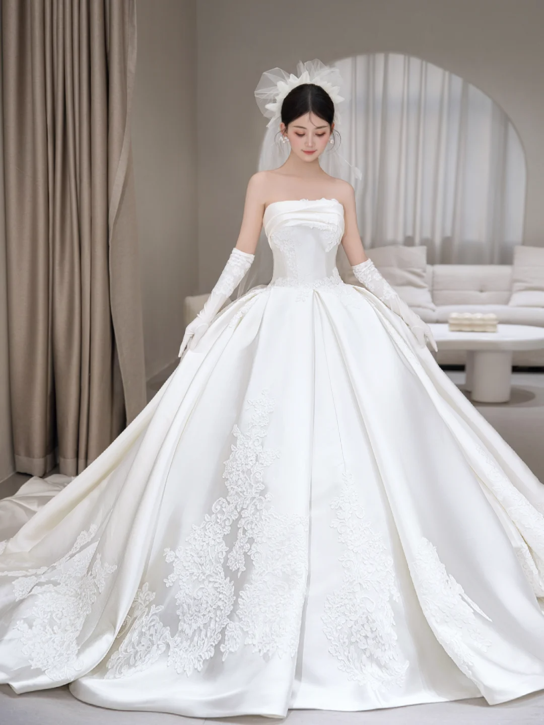 Classy Ball Gown Strapless Satin Applique With Veil Gloves Long Wedding Dresses
