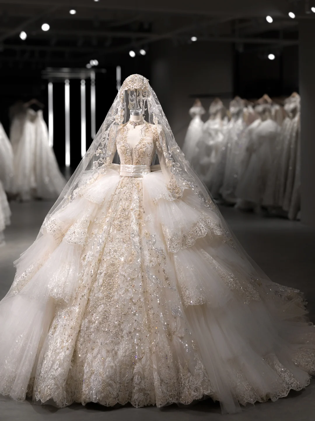 Luxurious Ball Gown Tulle Lace Sequin Beaded Long Sleeves With Veil Long Wedding Dresses