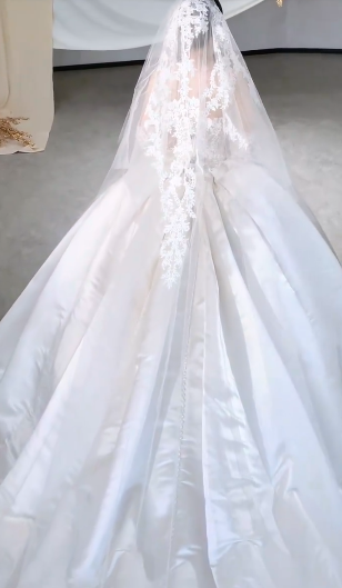 Timeless Ball Gown Starpless Satin Tulle Applique With Veil Long Wedding Dresses - View 2 | FashionDia