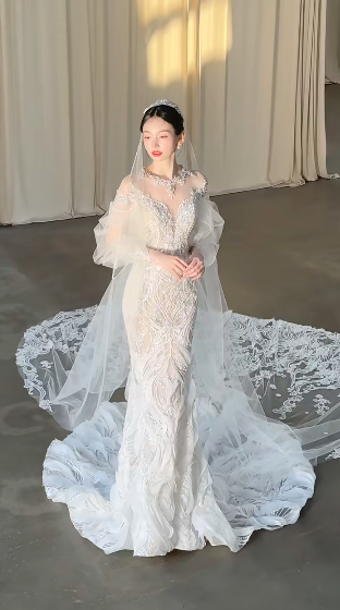 Dreamy Mermaid White Tulle Lace Long Sleeves With Veil Long Wedding Dresses