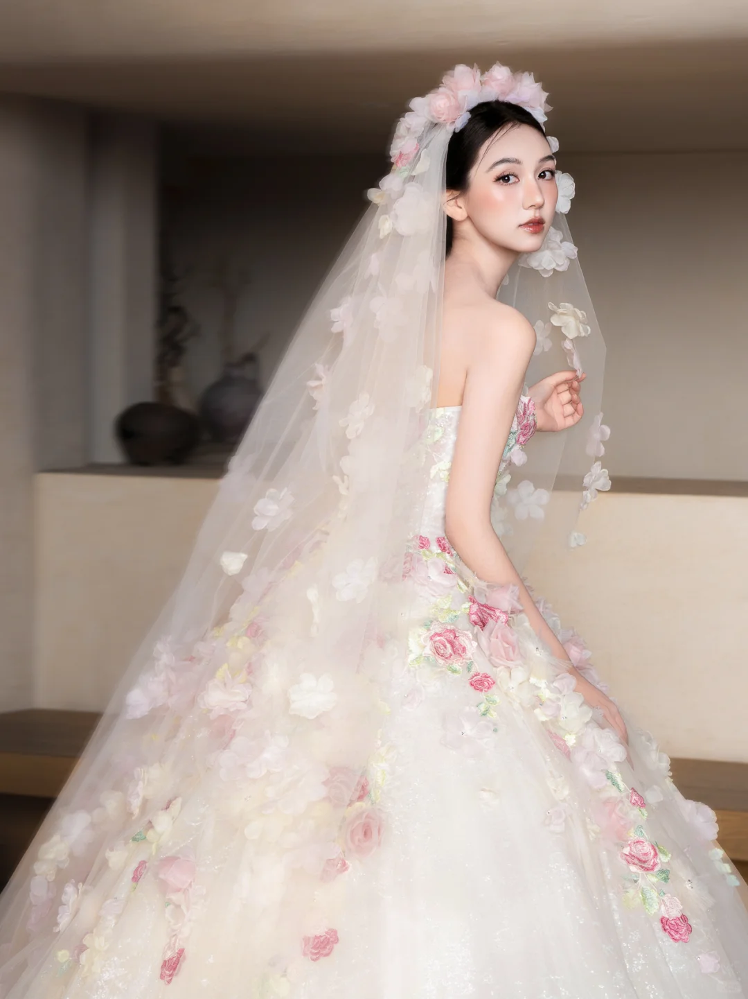 Dreamy Ball Gown Strapless Tulle Applique With Veil Long Wedding Dresses - View 2 | FashionDia