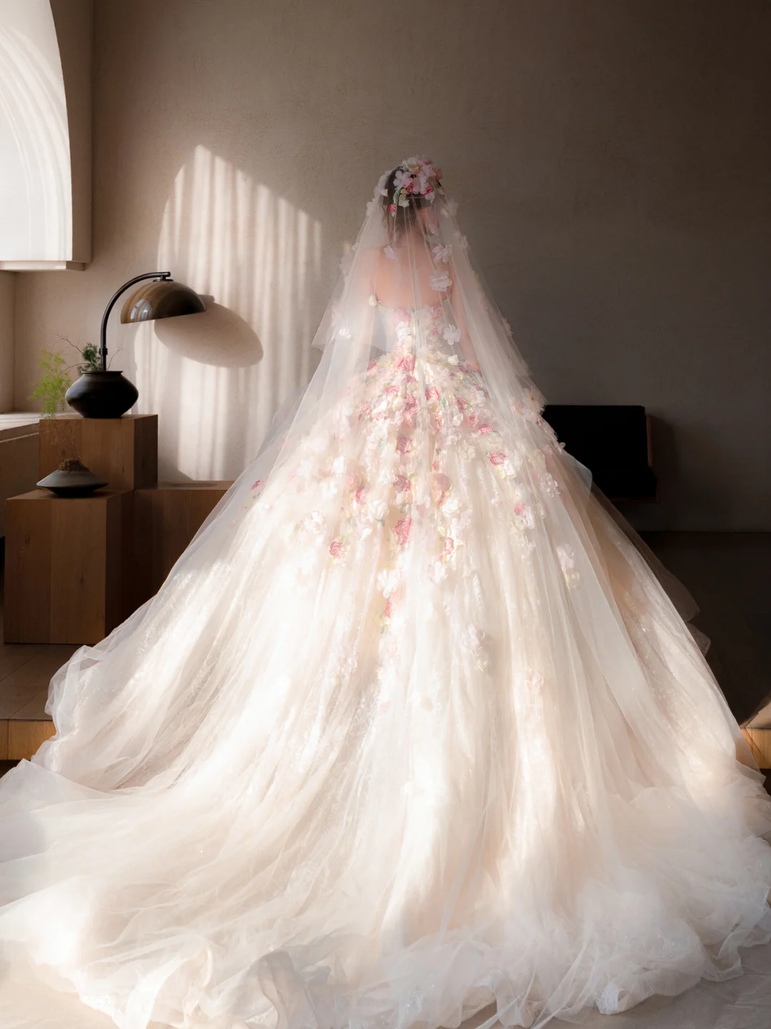 Dreamy Ball Gown Strapless Tulle Applique With Veil Long Wedding Dresses - View 3 | FashionDia