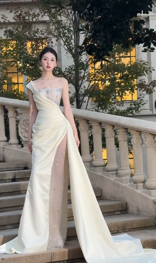 Unique Mermaid One Shoulder Satin Tulle Beaded Long Wedding Dresses