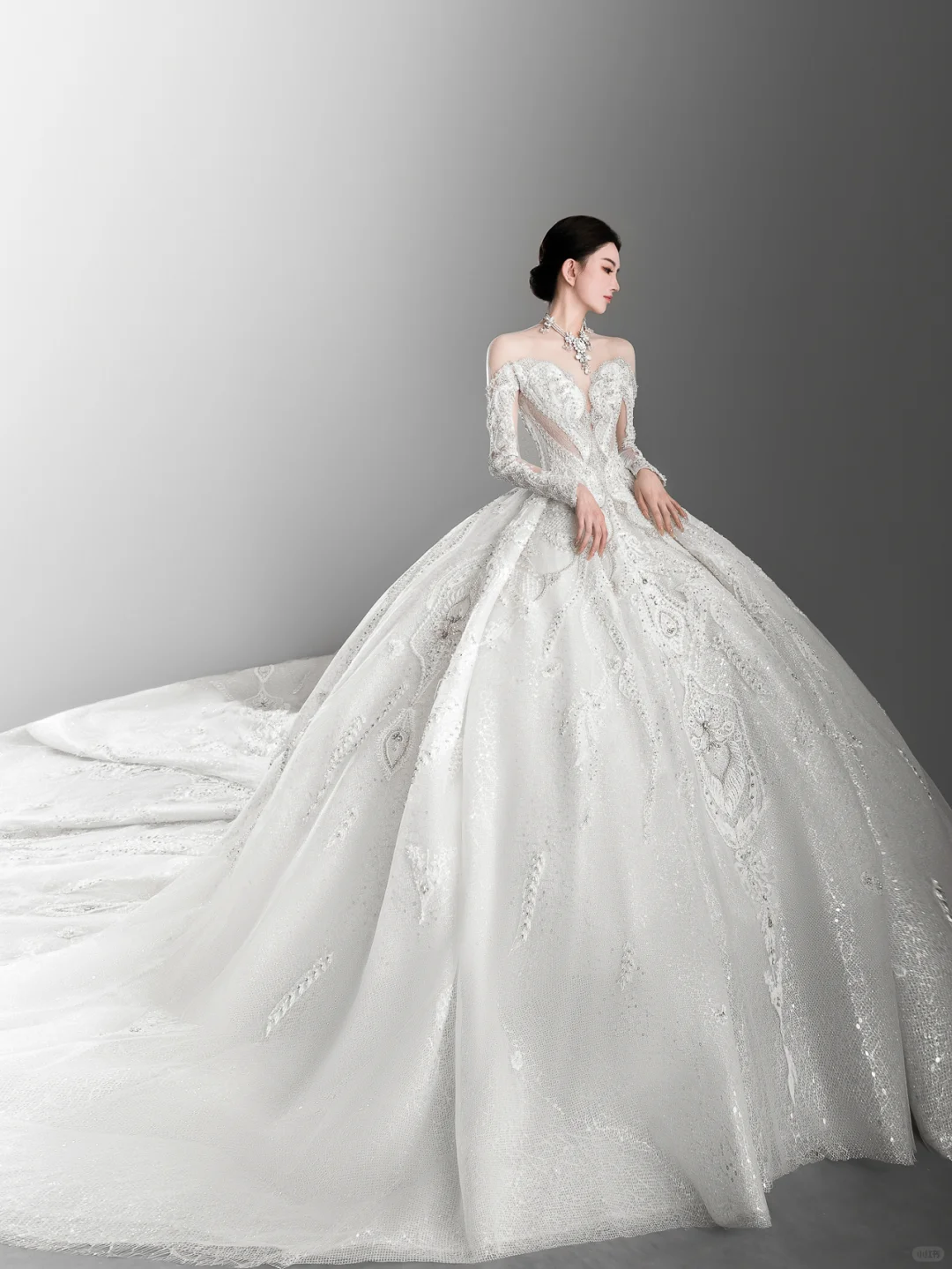 Timeless Ball Gown Off The Shoulder Tulle Lace Beaded Long Sleeves Long Wedding Dresses