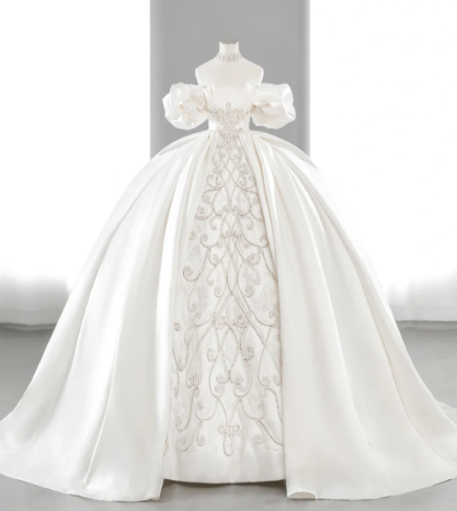 Elegant Ball Gown Off The Shoulder Satin Long Wedding Dresses