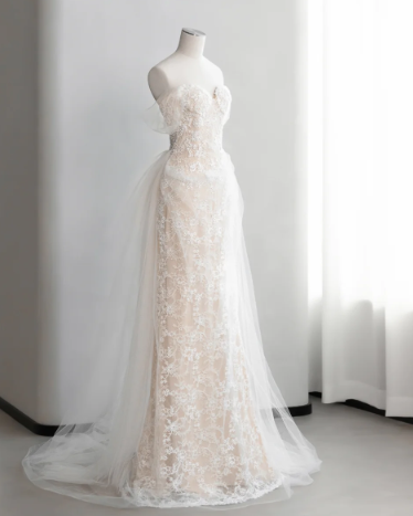 Elegant Mermaid Off The Shoulder Satin Tulle Lace Long Wedding Dresses