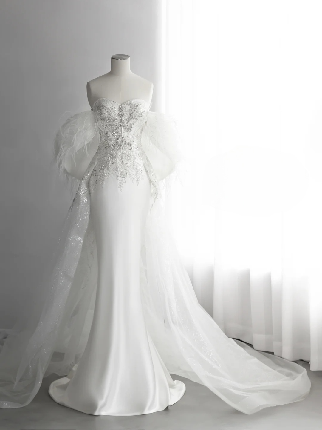 Dreamy White Mermaid Strapless Satin Tulle Sequin Beaded Long Wedding Dresses