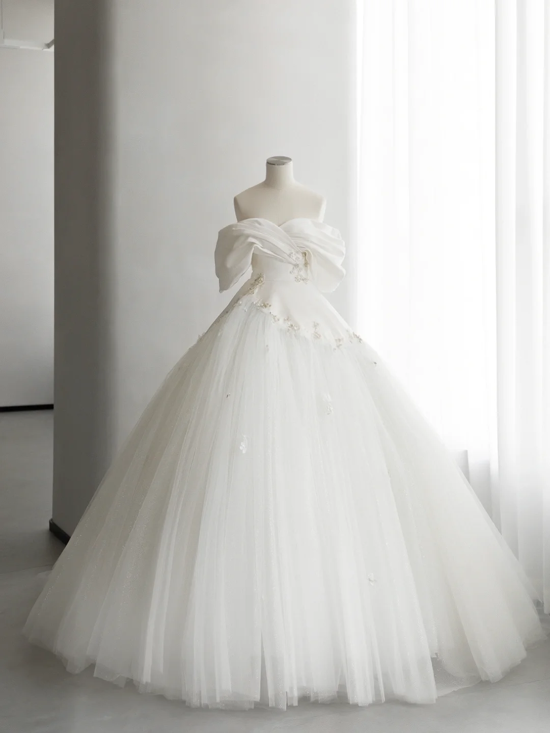 Classy Ball Gown Off The Shoulder Satin Tulle Bedaed Long Wedding Dresses